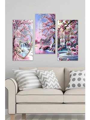 KutuTR 3D Görünümlü 2d Uv Baskı Temperli Cam Tablo Set – Pembe Çiçekli Şelale Manzarası – 60X30 Cm- DCS064