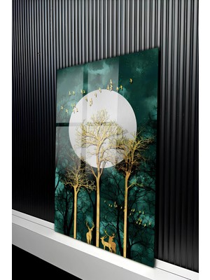 KutuTR Ay Işığında Geyik Silüetli Orman Temalı Temperli Cam Tablo 50X70 cm 2d Uv Baskı - YCT147