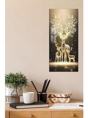KutuTR Altın Işıklı Geyik Ailesi Temalı Temperli Cam Tablo 30×60 cm Ebadında Uv Baskı - DCT100