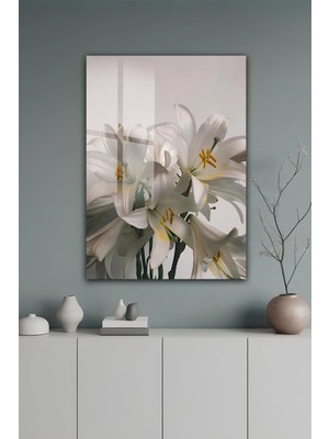 KutuTR Zarif Beyaz Zambaklar Temalı Temperli Cam Tablo 50X70 cm 2d Uv Baskı - YCT119