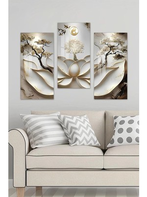KutuTR 3D Görünümlü 2d Uv Baskı Temperli Cam Tablo Set – Lotus Çiçeği ve Ağaç Temalı – 30X60 Cm- DCS024