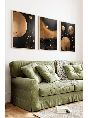 KutuTR Ahşap Çerçeveli 2d Uv Baskı 3'lü Tablo Set–modern Altın Varaklı Galaksi ve Gezegen- CRV1444