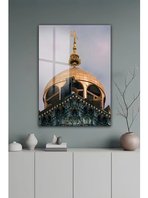 KutuTR Altın Sarısı Cami Kubbesi ve Hilal Temalı Temperli Cam Tablo 2d Uv Baskı - YCT500