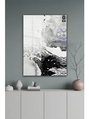 KutuTR Siyah Beyaz Mermer Dokulu Soyut Sanat Tasarımlı Temperli Cam Tablo 2d Uv Baskı - YCT286
