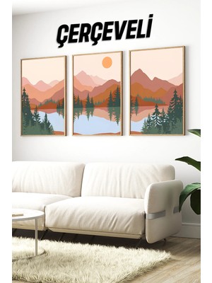 KutuTR 🖼️ Doğa Manzaralı Göl ve Dağ Temalı 3'lü Çerçeveli Tablo Seti – Uv Baskılı Mdf Duvar Dekoru CRV1045