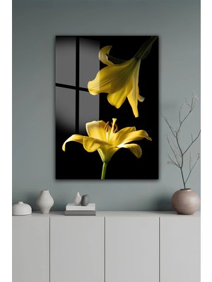 KutuTR Siyah Zeminli Sarı Zambak Çiçek Desenli Temperli Cam Tablo 50X70 cm 2d Uv Baskı - YCT546