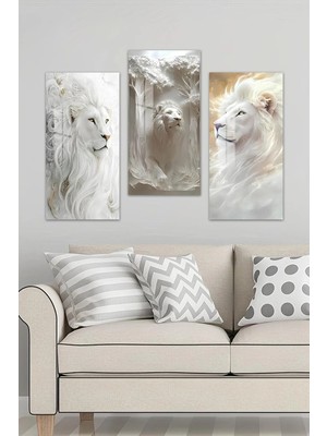 KutuTR 3D Görünümlü 2d Uv Baskı Temperli Cam Tablo Set – Beyaz Aslan Temalı – 30X60 Cm- DCS037