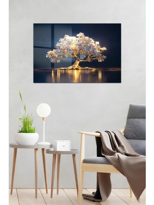 KutuTR Beyaz Çiçekli Altın Işıltılı Hayat Ağacı Temalı Temperli Cam Tablo 50X70 cm 2d Uv Baskı - YCT005