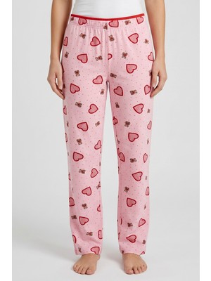 Hadiora Kadın Pembe Ayıcıklı Kalp Desenli Bambu Pijama Alt