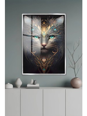 KutuTR Gri Alüminyum Çerçeveli Turkuaz Gözlü Mistisizm Kedi Temperli Cam Tablo 2d Uv Baskı -Silver GRCT059