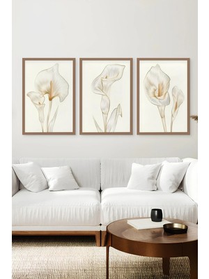 KutuTR Kahverengi Ahşap Çerçeveli 2duv Baskı 3’lü Mdf Tablo–çizgisel Cala Lily Çiçek Tasarım-Kahve CRV1139