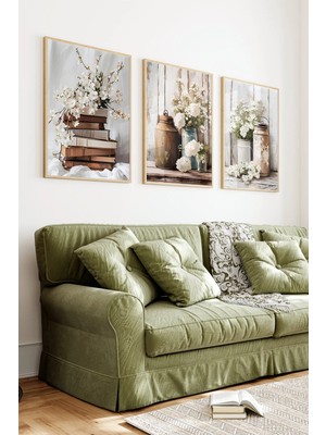 KutuTR Ahşap Çerçeveli 2d Uv Baskı 3'lü Tablo Set–country Stil Beyaz Çiçekli- CRV1281