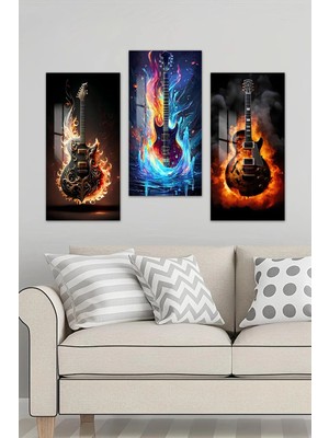 KutuTR 3D Görünümlü 2d Uv Baskı Temperli Cam Tablo Set – Alevli, Buz ve Duman Temalı Gitar 30X60CM- DCS059