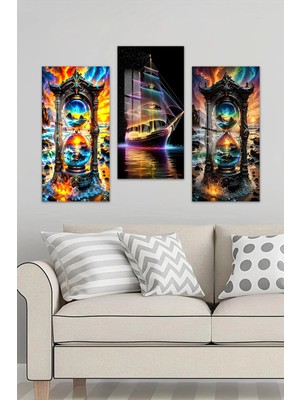 KutuTR 3D Görünümlü 2d Uv Baskı Temperli Cam Tablo Set-Kum Saati ve Neon Yelkenli Manzarası 30X60CM- DCS054