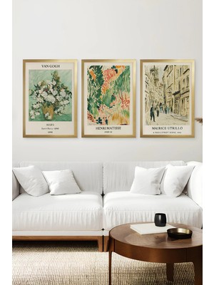 KutuTR Gold Renk Ahşap Çerçeveli Van Gogh, Matisse ve Maurice UTRILLO2DUV Baskı 3’lü Mdf Tablo-Gold CRV1159