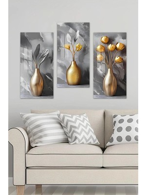 KutuTR 3D Görünümlü 2d Uv Baskı Temperli Cam Tablo Set – Altın Vazolu Modern Çiçek Tasarımı 30X60CM- DCS015