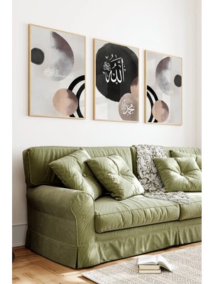 KutuTR Ahşap Çerçeveli 2d Uv Baskı 3'lü Tablo Set–estetik Allah Muhammed Yazılı Soyut Boho- CRV1446