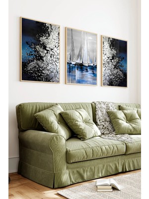 KutuTR Ahşap Çerçeveli 2d Uv Baskı 3'lü Tablo Set–modern Yelkenli ve Deniz Temalı- CRV1436