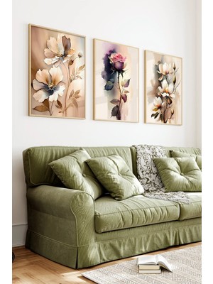 KutuTR Ahşap Çerçeveli 2d Uv Baskı 3'lü Tablo Set–pastel Çiçekler ve Gül Temalı- CRV1295