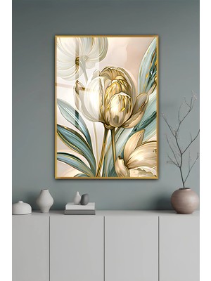 KutuTR Gold Alüminyum Çerçeve Altın Detaylı Lale Çiçeği Temperli Cam Tablo 2duv Baskı -Gold GCT145