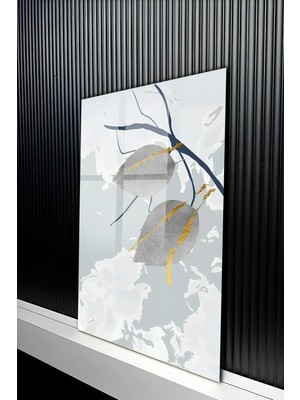 KutuTR Lüks Altın Varak Detaylı Soyut Yaprak Tasarımlı Temperli Cam Tablo 50X70 cm 2d Uv Baskı - YCT276