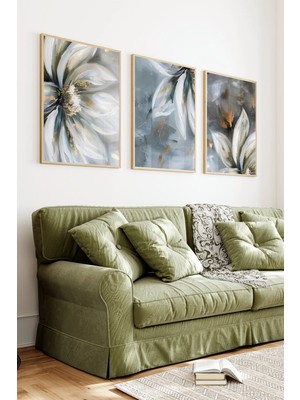 KutuTR Ahşap Çerçeveli 2d Uv Baskı 3'lü Tablo Set–modern Altın Varaklı Pamuk Dalı ve Soyut Floral- CRV1441