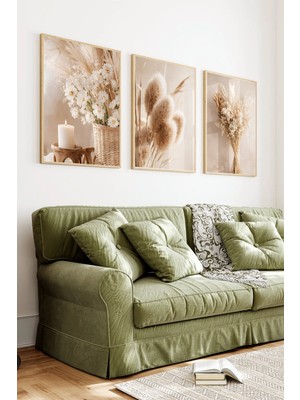 KutuTR Ahşap Çerçeveli 2d Uv Baskı 3'lü Tablo Set–pampas Otu, Kuru Çiçek ve Mum Detaylı- CRV1307