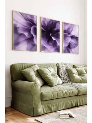 KutuTR Ahşap Çerçeveli 2d Uv Baskı 3'lü Tablo Set–premium Tasarım Soyut Mor Çiçek Figürlü- CRV1342