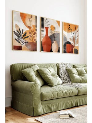 KutuTR Ahşap Çerçeveli 2d Uv Baskı 3'lü Tablo Set–turuncu Vazo ve Minimal Yaprak Desenli- CRV1260