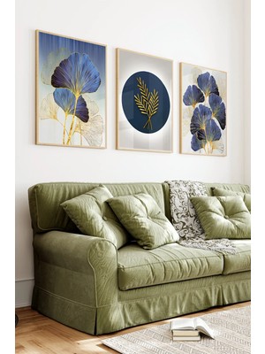 KutuTR Ahşap Çerçeveli 2d Uv Baskı 3'lü Tablo Set–modern Altın Varaklı Ginkgo Yaprağı- CRV1449