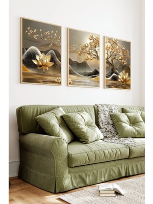 KutuTR Ahşap Çerçeveli 2d Uv Baskı 3'lü Tablo Set–altın Tonlarda Lotus ve Zarif Çiçek Dalları- CRV1270