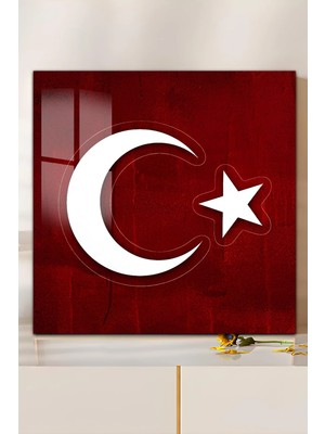 KutuTR 3D Görünümlü 2d Uv Baskı Temperli Cam Tablo – Ay Yıldız Kırmızı Doku – 33X33 CM-CTK170