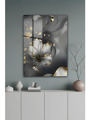 KutuTR Altın Detaylı Soyut Çiçek Desenli Temperli Cam Tablo 50X70 cm 2d Uv Baskı - YCT125