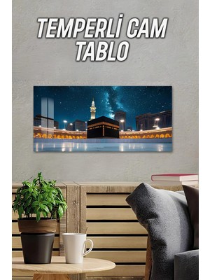 KutuTR 3D Görünümlü Temperli Cam Tablo – Kâbe ve Gece Gökyüzü Manzarası Uv Baskı 60X30 cm - TVD036