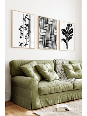KutuTR Ahşap Çerçeveli 2d Uv Baskı 3'lü Tablo Set–modern Bambu ve Floral Illüstrasyon- CRV1380