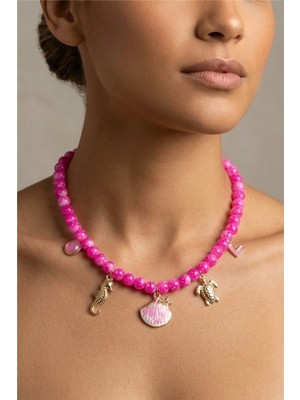Petek Aksesuar Pembe Alaçatı Cam Boncuk Sea Shell Charm Kolye
