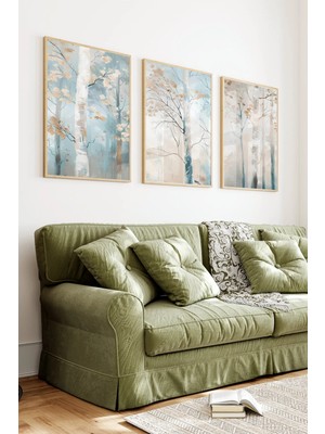 KutuTR Ahşap Çerçeveli 2d Uv Baskı 3'lü Tablo Set–modern Gold Detaylı Orman Manzaralı- CRV1362