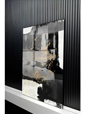 KutuTR Siyah Beyaz Üzerine Altın Varak Detaylı Temperli Cam Tablo 50X70 cm 2d Uv Baskı - YCT163