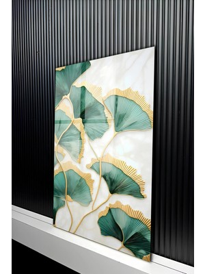 KutuTR Lüks Gold Detaylı Yeşil Ginkgo Yaprağı Temperli Cam Tablo 50X70 cm 2d Uv Baskı - YCT258