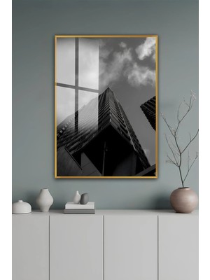 KutuTR Gold Alüminyum Çerçeve Siyah Beyaz Modern Şehir Mimari Temperli Cam Tablo 2duv Baskı -Gold GCT169