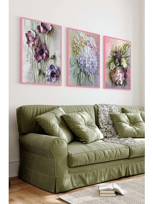 KutuTR Pembe Renkli Ahşap Çerçeveli 2duv Baskı 3’lü Mdf Tablo-Mor Lila Tonda Kabartmalı Çiçek-Pembe CRV1026