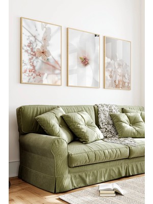 KutuTR Ahşap Çerçeveli 2d Uv Baskı 3'lü Tablo Set–modern Beyaz Bahar Çiçekleri- CRV1420