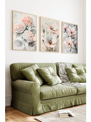 KutuTR Ahşap Çerçeveli 2d Uv Baskı 3'lü Tablo Set–pastel Pembe Çiçekler Temalı- CRV1299