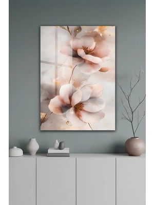 KutuTR Krem ve Pudra Tonlu Gold Detaylı Çiçek Desenli Temperli Cam Tablo 50X70 cm 2d Uv Baskı - YCT545
