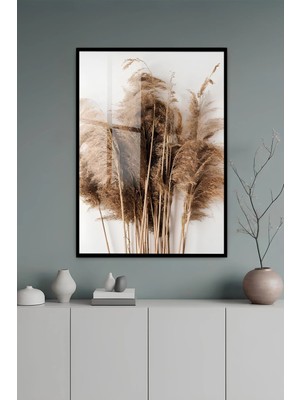 KutuTR Siyah Alüminyum Çerçeve Minimal Pampas Otu Desenli Temperli Cam Tablo Uv Baskı -Siyah SCT151