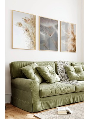 KutuTR Ahşap Çerçeveli 2d Uv Baskı 3'lü Tablo Set–bohem Pampas Otu ve Karahindiba- CRV1438