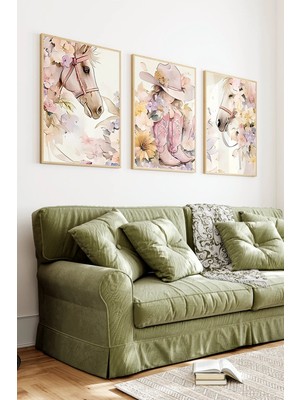 KutuTR Ahşap Çerçeveli 2d Uv Baskı 3'lü Tablo Set–çiçekli At ve Kovboy Çizmesi Temalı Pastel- CRV1327