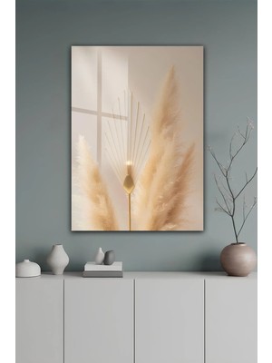KutuTR Modern Gold Detaylı Pampas Otu Temperli Cam Tablo 2d Uv Baskı - YCT474