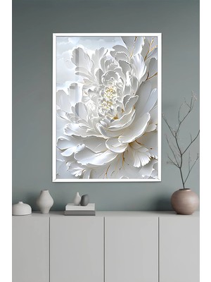 KutuTR Beyaz Alüminyum Çerçeve Şakayık Çiçeği Kabartma Efektli Temperli Cam Tablo Uv Baskı - Beyaz BCT129