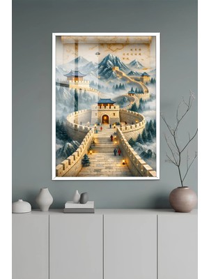 KutuTR Beyaz Alüminyum Çerçeveli Asya Sanatı Temalı Temperli Cam Tablo 2d Uv Baskı - Beyaz BCT084